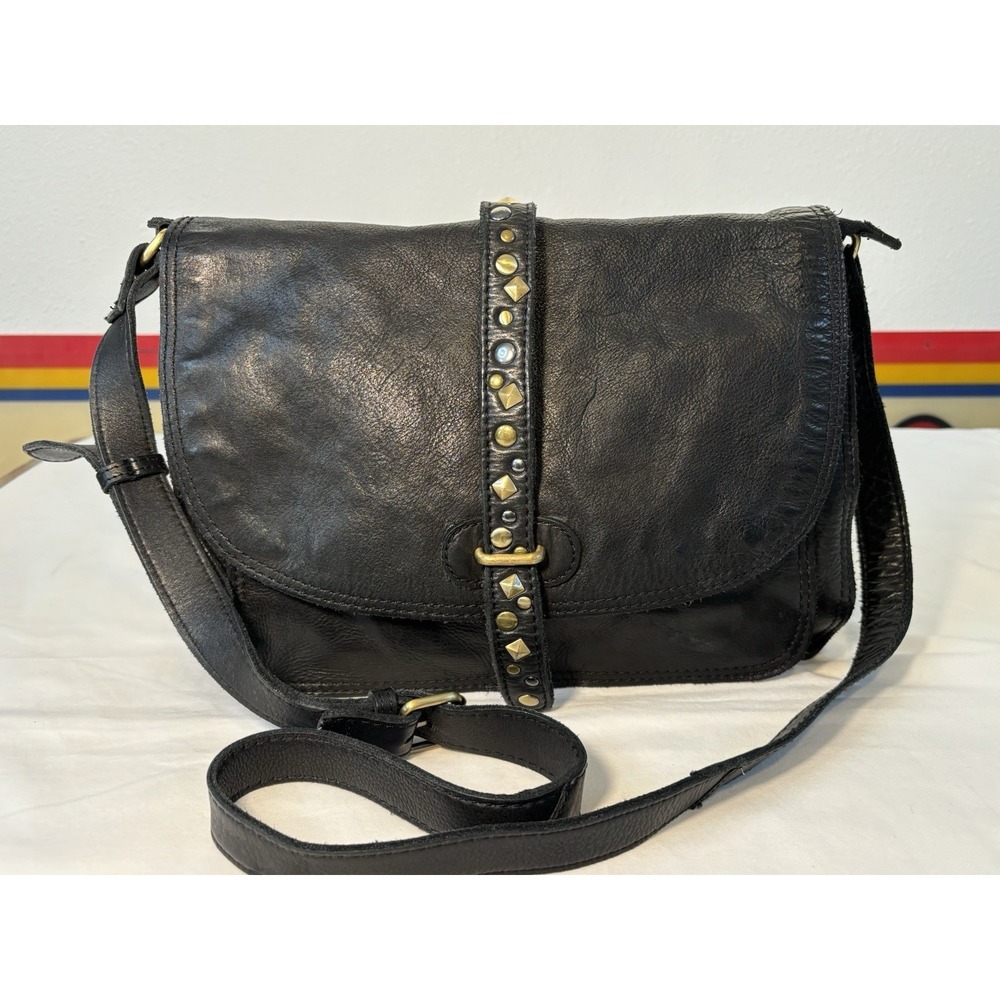 Marta Ponti Black Leather Studded Crossbody Messenger Bag